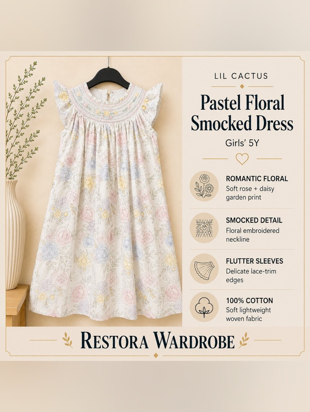 Lil Cactus Girls 5Y Pastel Floral Smocked Cotton Dress Flutter Sleeve